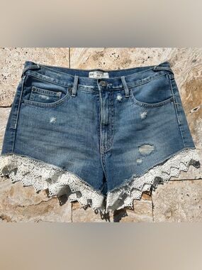 Free People Blue Denim Shorts with White Lace Trim